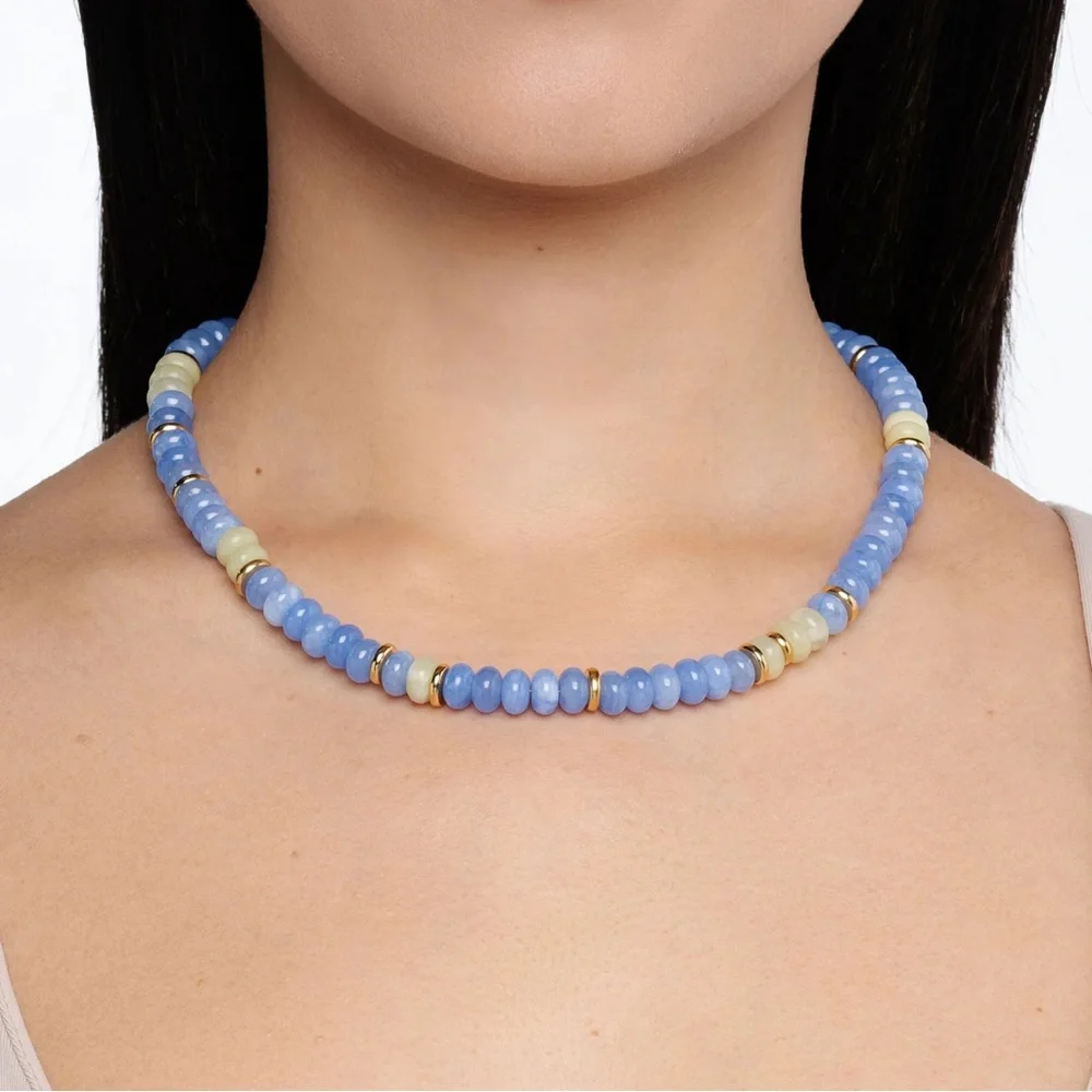 Beaded Stone Stacker Necklace: Light Blue and Light Green Quartz by Mayamar